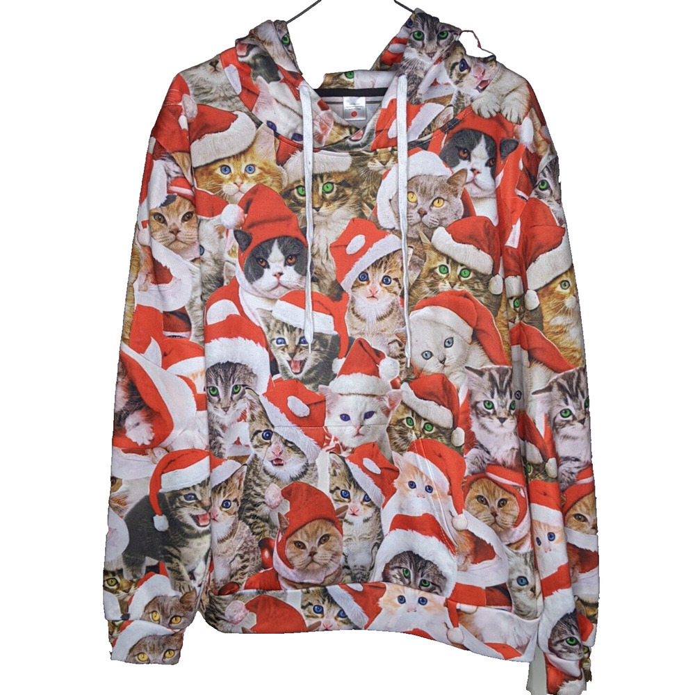 Santa Cats Feline Hoodie MEASUREMENTS IN DESCRIPTION Poly/Spandex